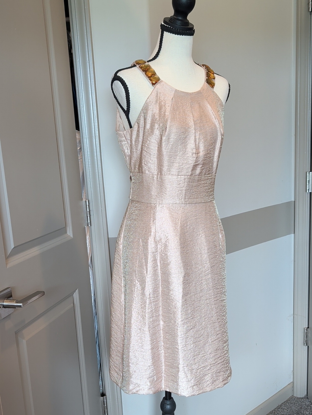 Ellen Tracy Metallic Blush Midi Dress with Amber Embellished Straps